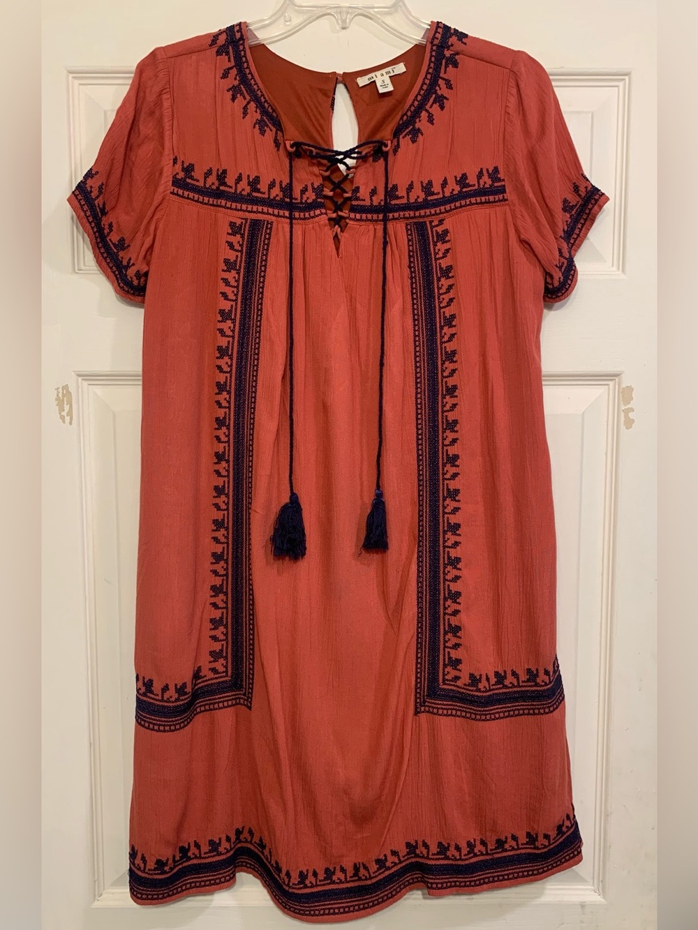 Mi Ami Terracotta Orange with Navy Embroidery Small Dress.            3319
